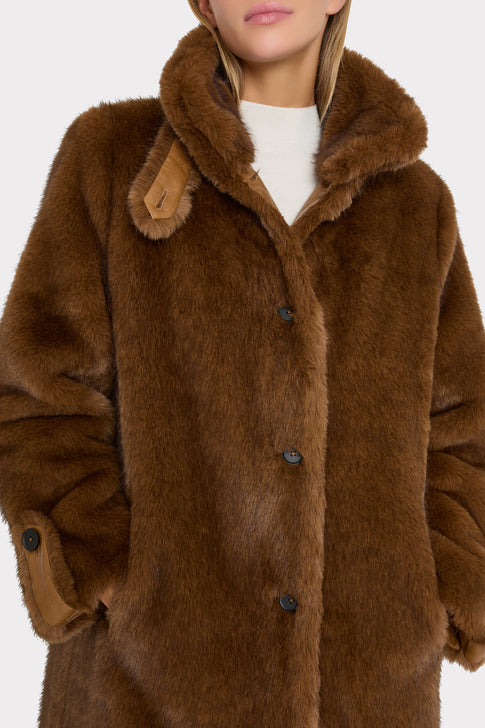 Camel Faux Fur Designer Coat - Upper Body Close-Up, Collar and Button Detail | MILLY