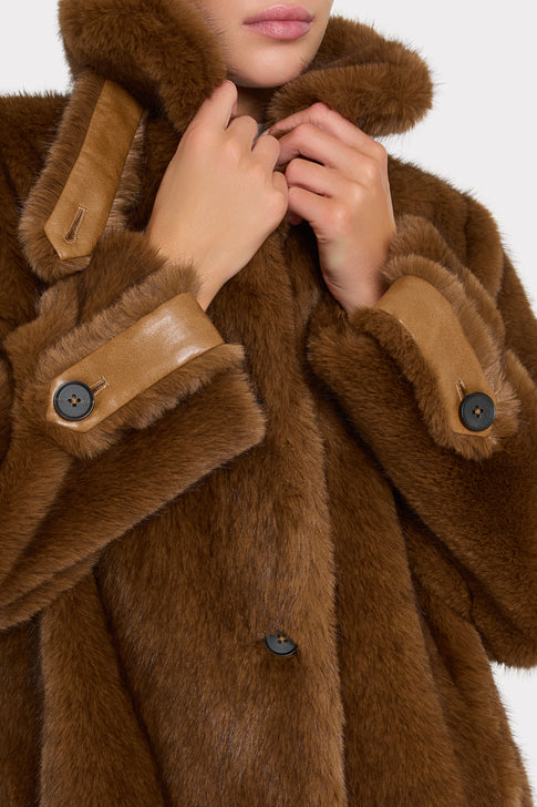 Camel Elegant Faux Fur Long Coat - Back View, Flat | MILLY