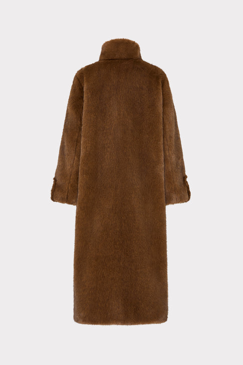 Camel Faux Fur Overcoat - On Model Back View, Full Length | MILLY