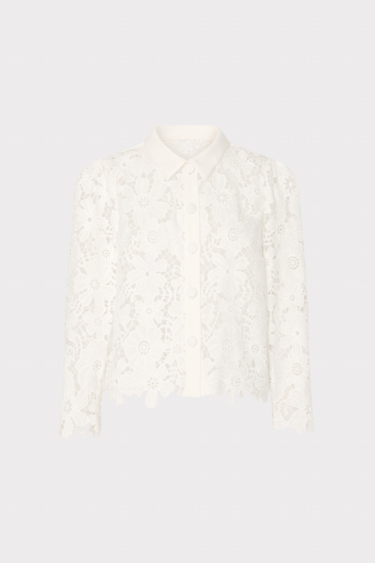 White Roja Lace Long Sleeve Collared Top - Front View | MILLY