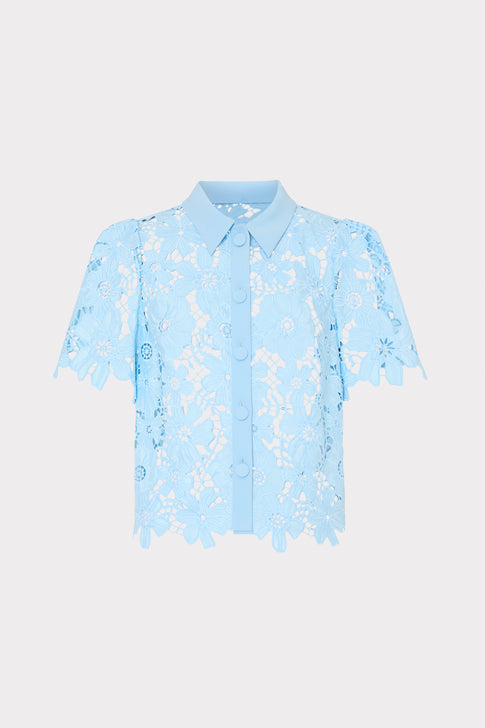 Light Blue Roja Lace Button-Up Top - Flat Lay | MILLY