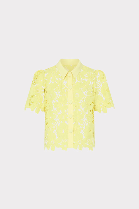 Yellow Roja lace blouse with floral cutwork - Front View | MILLY