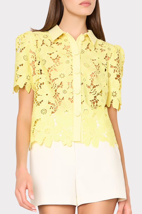 Yellow Addison Roja lace top with elegant floral pattern - On Model | MILLY