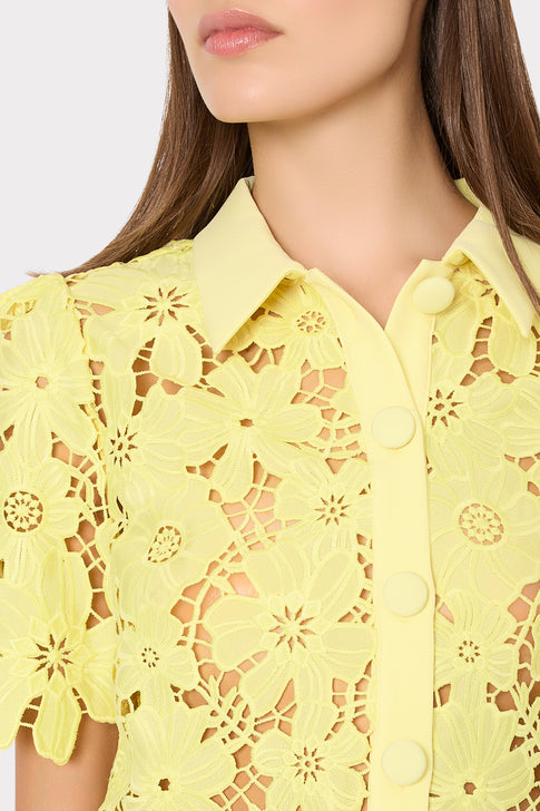 Yellow lace blouse collar detail with covered buttons - Close-up View | MILLY