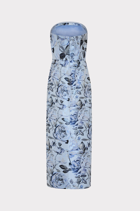 Blue Floral Jacquard Ella Maxi Dress - Back View Flat Lay | MILLY