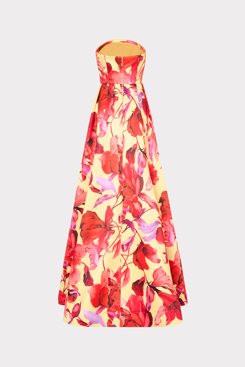 Lemon Yellow Dorothy Taffeta Gown with red florals - Back View Detail | MILLY