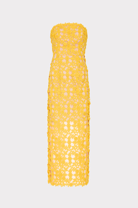 Yellow Designer Crochet Lace Midi Dress - Front Flat Lay | MILLY