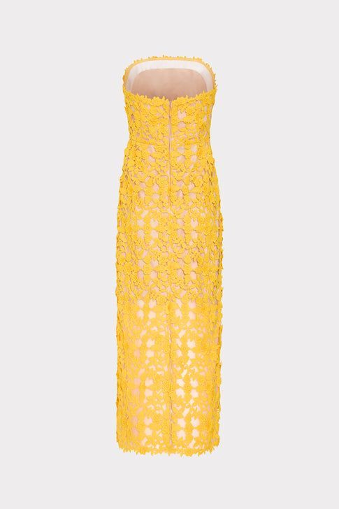 Yellow Strapless Crochet Lace Midi Dress - Back View with Zipper Detail | MILLY