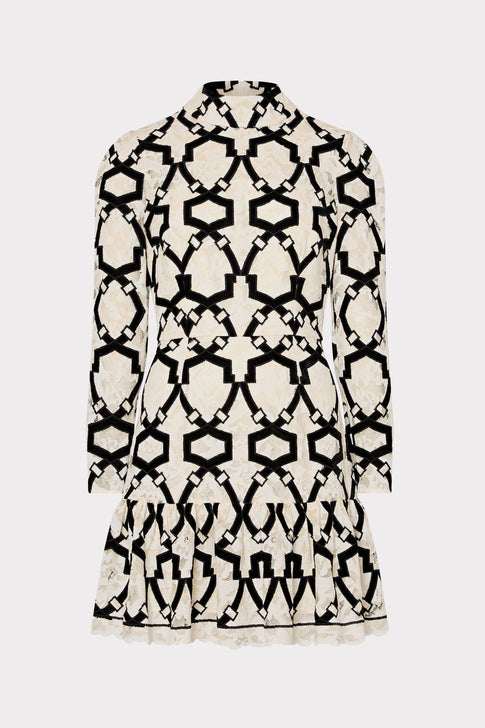 Willa Velvet Flocked Lace Mock Neck Dress White/Black Image 1 of 5