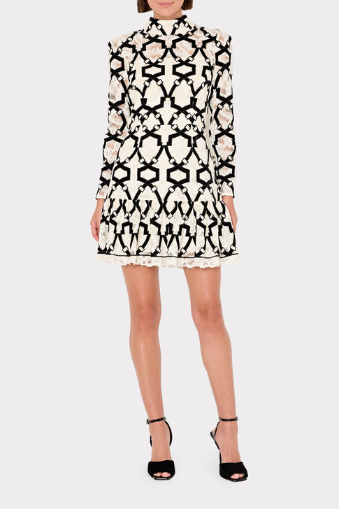 Willa Velvet Flocked Lace Mock Neck Dress White/Black Image 2 of 5