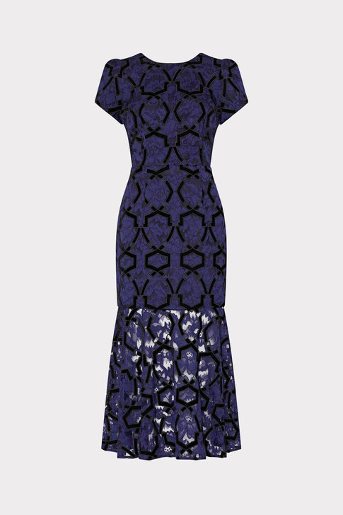 Tahlia Velvet Flocked Lace Dress Navy/Black Image 1 of 4