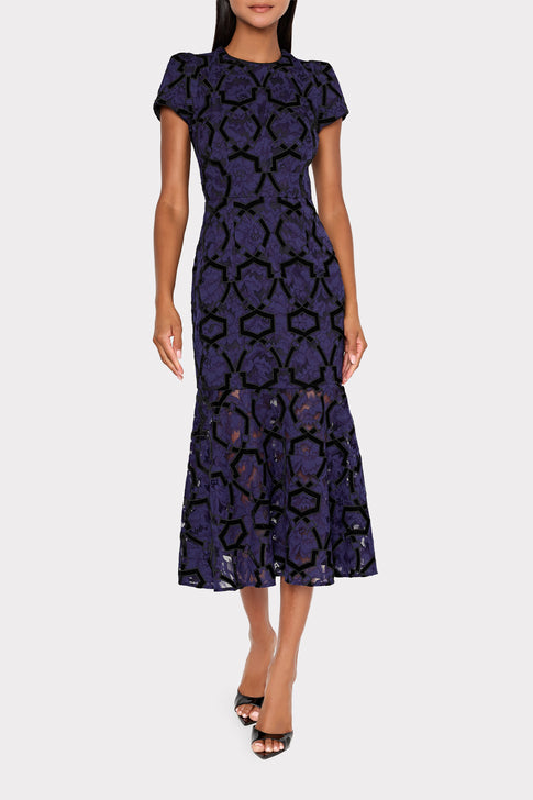 Tahlia Velvet Flocked Lace Dress Navy/Black Image 2 of 4