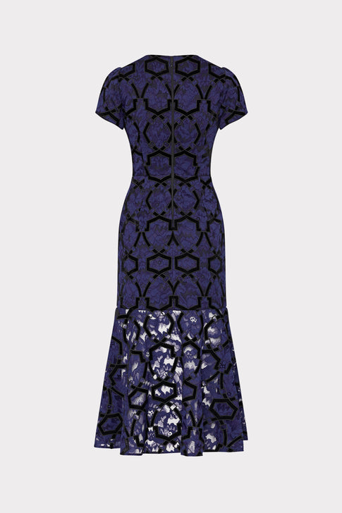 Tahlia Velvet Flocked Lace Dress Navy/Black Image 4 of 4