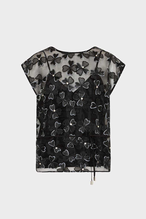 Black Organza Ryan Top with Bow Appliqué - Front Detail | MILLY