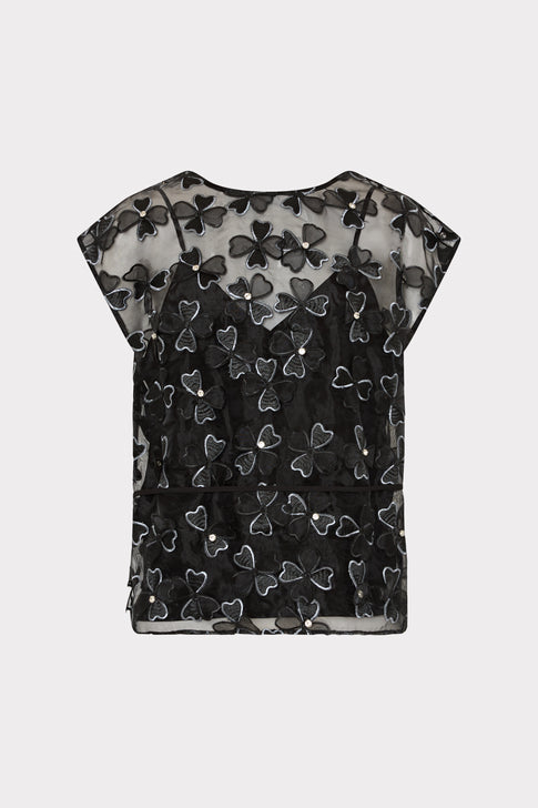 Black Organza Ryan Top with Bow Appliqué - Front View | MILLY