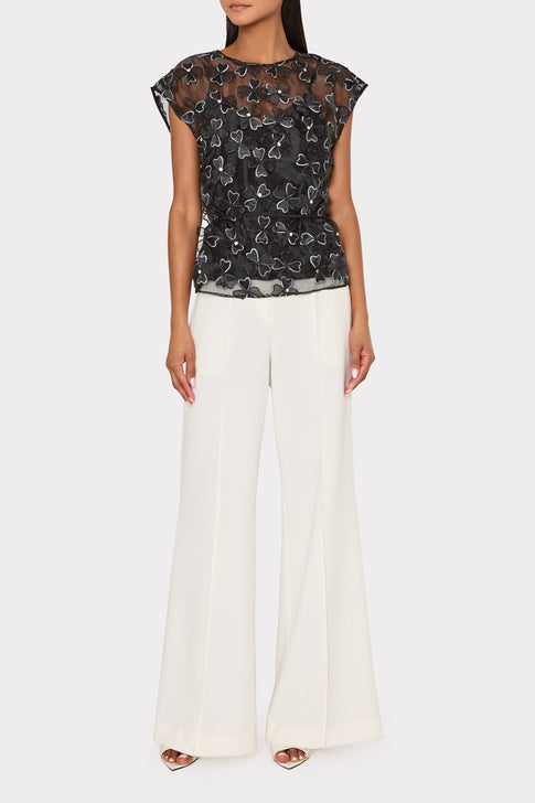Black Organza Ryan Top with Bow Appliqué - Full Look Front | MILLY