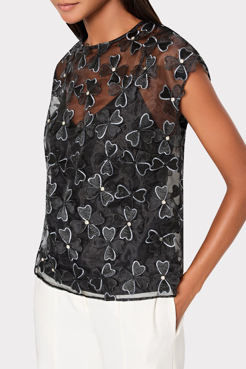 Black Organza Ryan Top with Bow Appliqué - Close-up Detail | MILLY