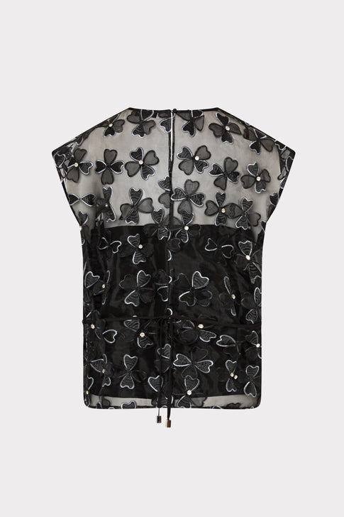 Black Organza Ryan Top with Bow Appliqué - Back View | MILLY