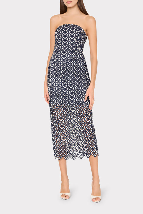 Navy Kait Strapless Dress with White Heart Pattern - On Model Front | MILLY