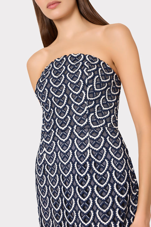 Navy Kait Dress with White Lace Pattern - On Model Close-up | MILLY