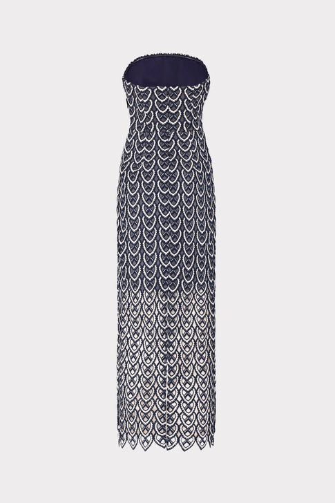 Navy Kait Strapless Lace Midi Dress with Scalloped Hem - Full Length | MILLY