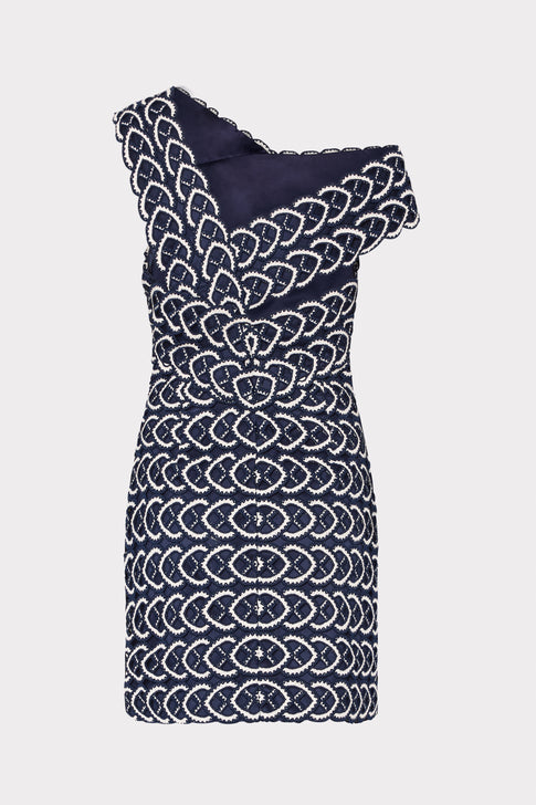 Navy Designer Leah Lace Mini Dress with White Geometric Pattern - Back View | MILLY