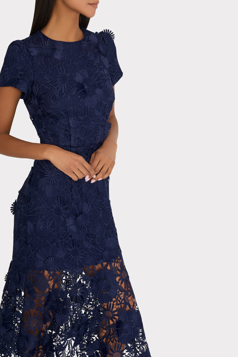 Tilly Lace Overlay Ruffle Trimmed Back Dress Navy