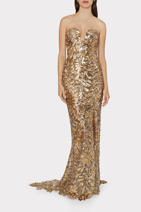 Roslynn Floral Garden Sequin Gown Gold Multi Image 3 of 5