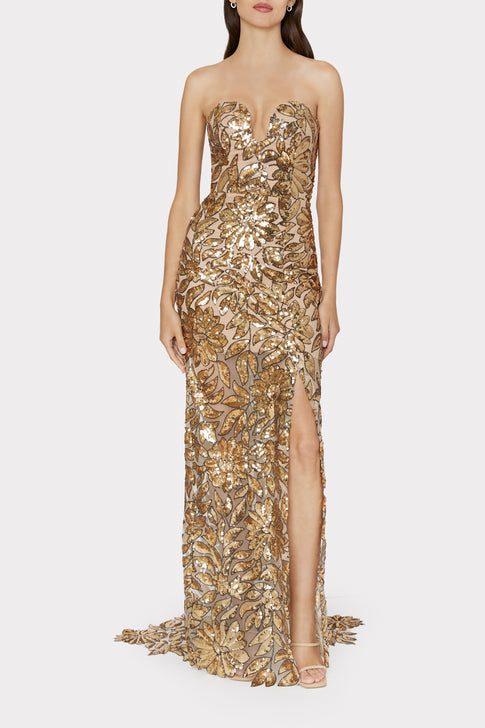 Roslynn Floral Garden Sequin Gown Gold Multi Image 2 of 5
