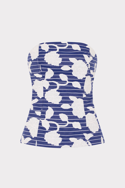 Blue Adeline Floral Strapless Top with White Pattern - Flat Lay | MILLY
