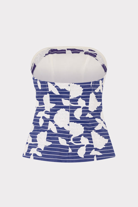 Blue Adeline Floral strapless top with white pattern - Back View Flat Lay | MILLY
