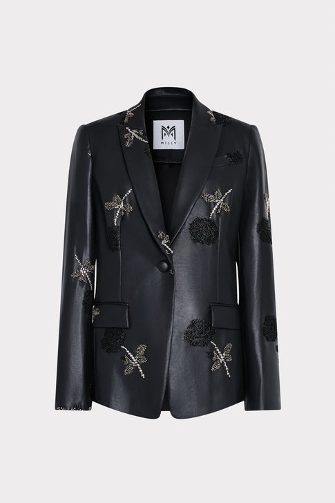 Black Beaded Leather Blazer, Floral Embellishment - Front View | MILLY