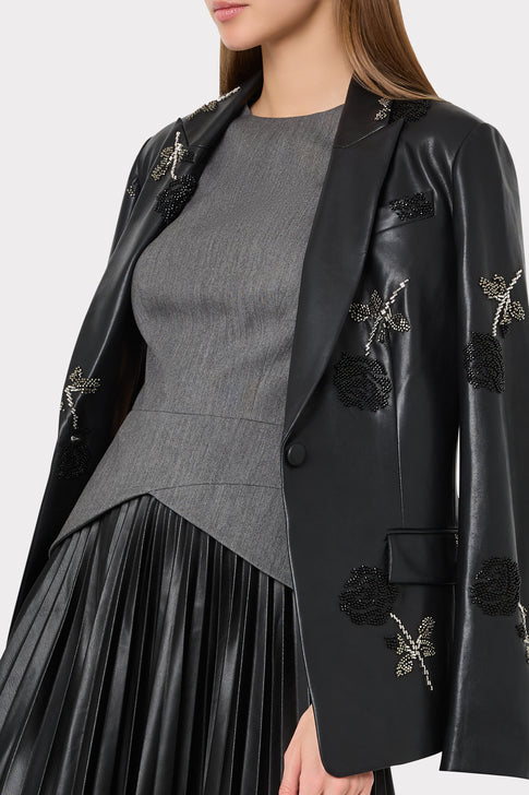 Black Luxury Beaded Leather Blazer - On Model Front Detail, Lapel & Bead Work | MILLY