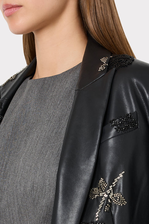 Black Beaded Leather Blazer - Close-Up Collar & Floral Bead Embellishment Detail | MILLY