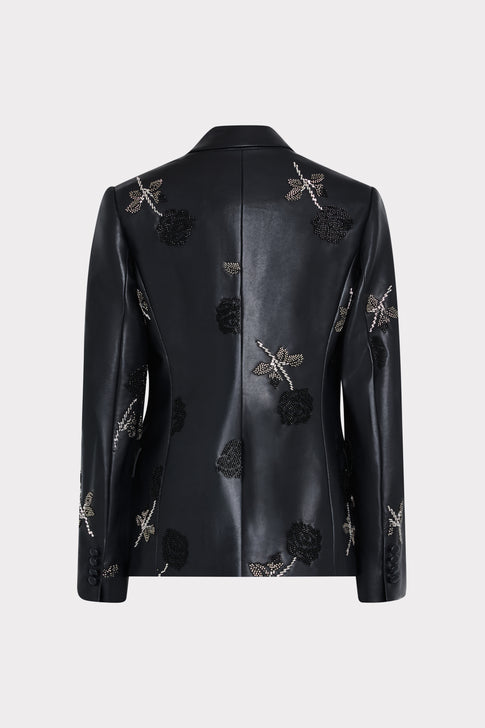 Black Elegant Beaded Leather Blazer - Back View, Floral Embellishment | MILLY