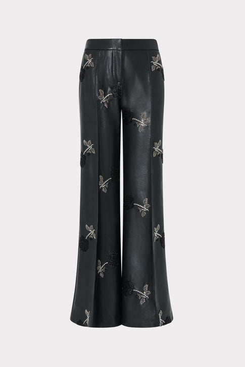 Black Beaded Faux Leather Wide-Leg Trouser - Front View | MILLY