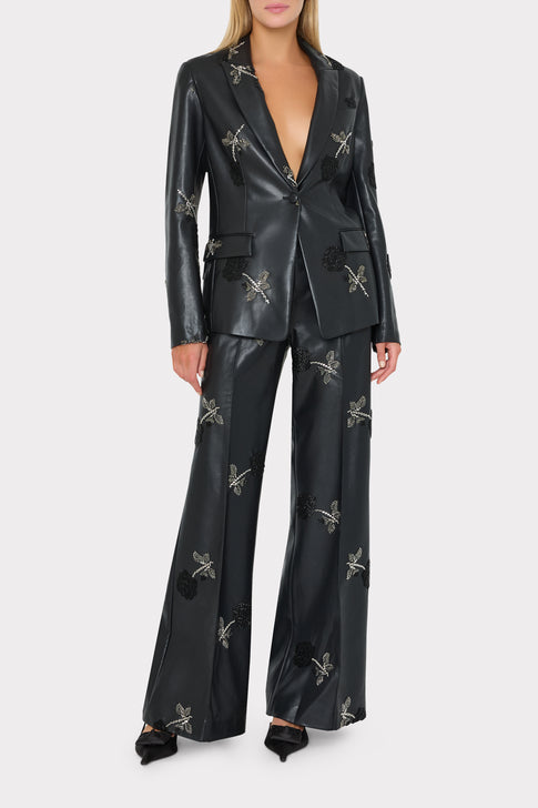 Black Beaded Faux Leather Wide-Leg Pant - On Model Styled with Matching Blazer | MILLY