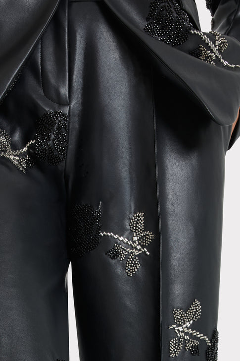 Black Faux Leather Trouser - Luxury Floral Bead Embellishment Close-Up | MILLY