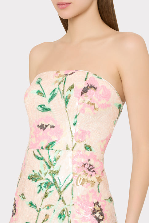 Blush Multi Kait Floral Sequin Strapless Dress - Close-Up Sequin Detail | MILLY