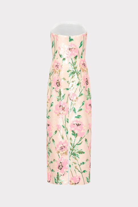 Blush Multi Kait Floral Sequin Designer Midi Dress - Back View Flat Lay | MILLY