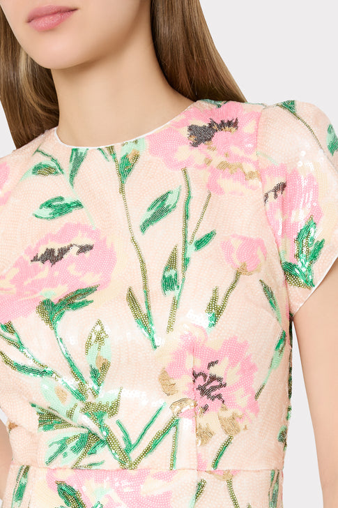 Sequin Floral Embroidery Detail on Blush Cocktail Dress | MILLY
