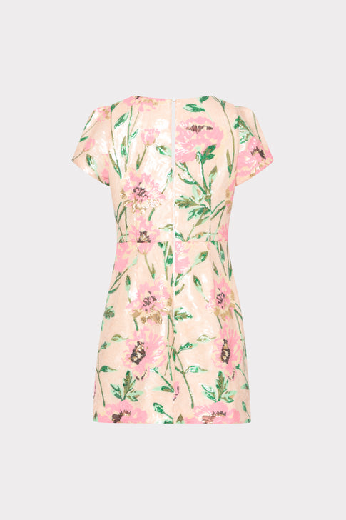 Blush Sequin Mini Dress with Pink Floral Pattern - Back View | MILLY