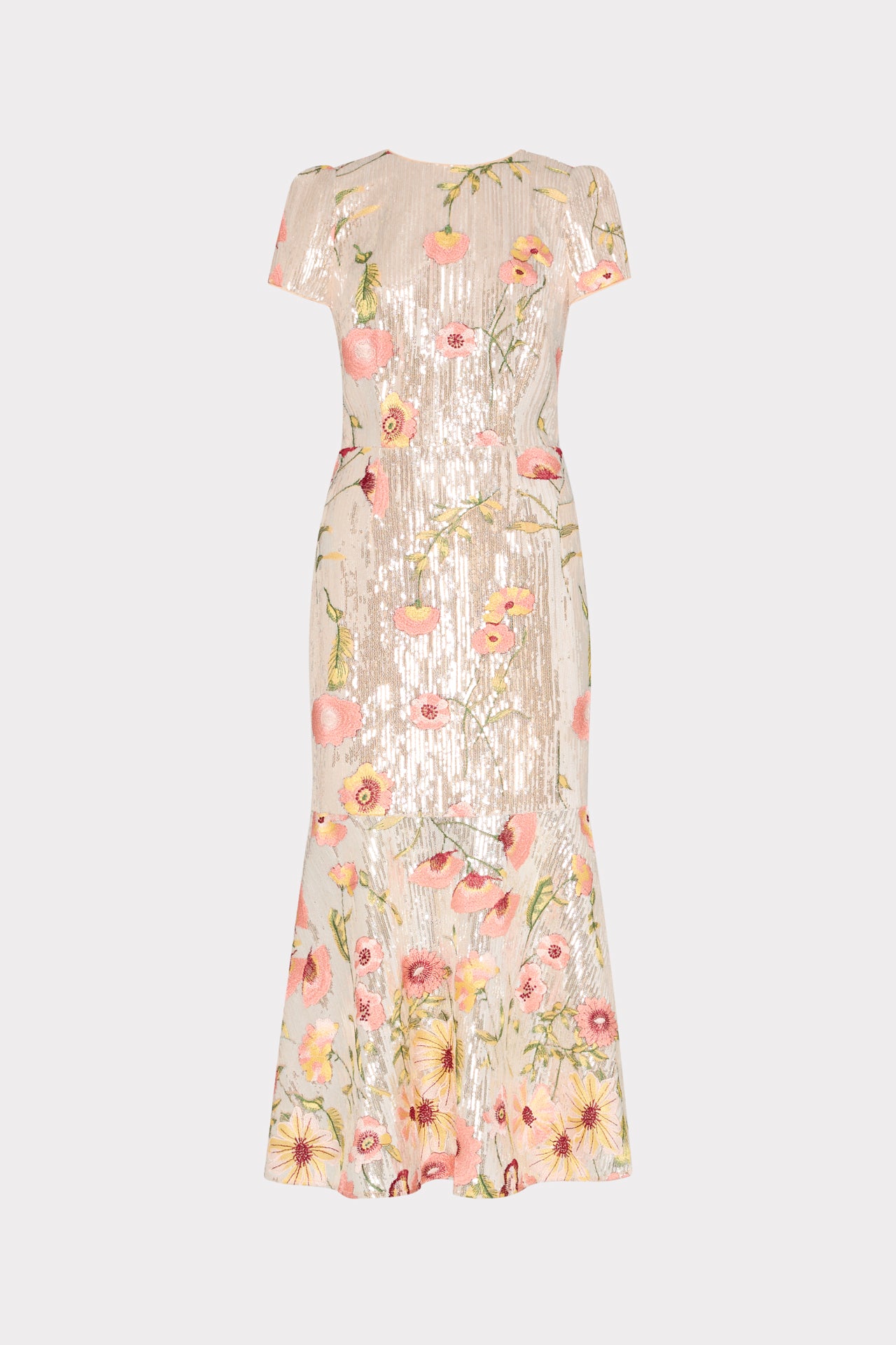 Tahlia Floral Sequins Embroidery Cap Sleeve Midi Dress in Silver | MILLY Tahlia Floral Sequins Embroidery Cap Sleeve Midi Dress in Silver | MILLY