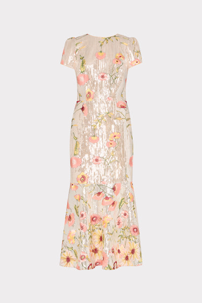 Tahlia Floral Sequins Embroidery Cap Sleeve Midi Dress in Silver