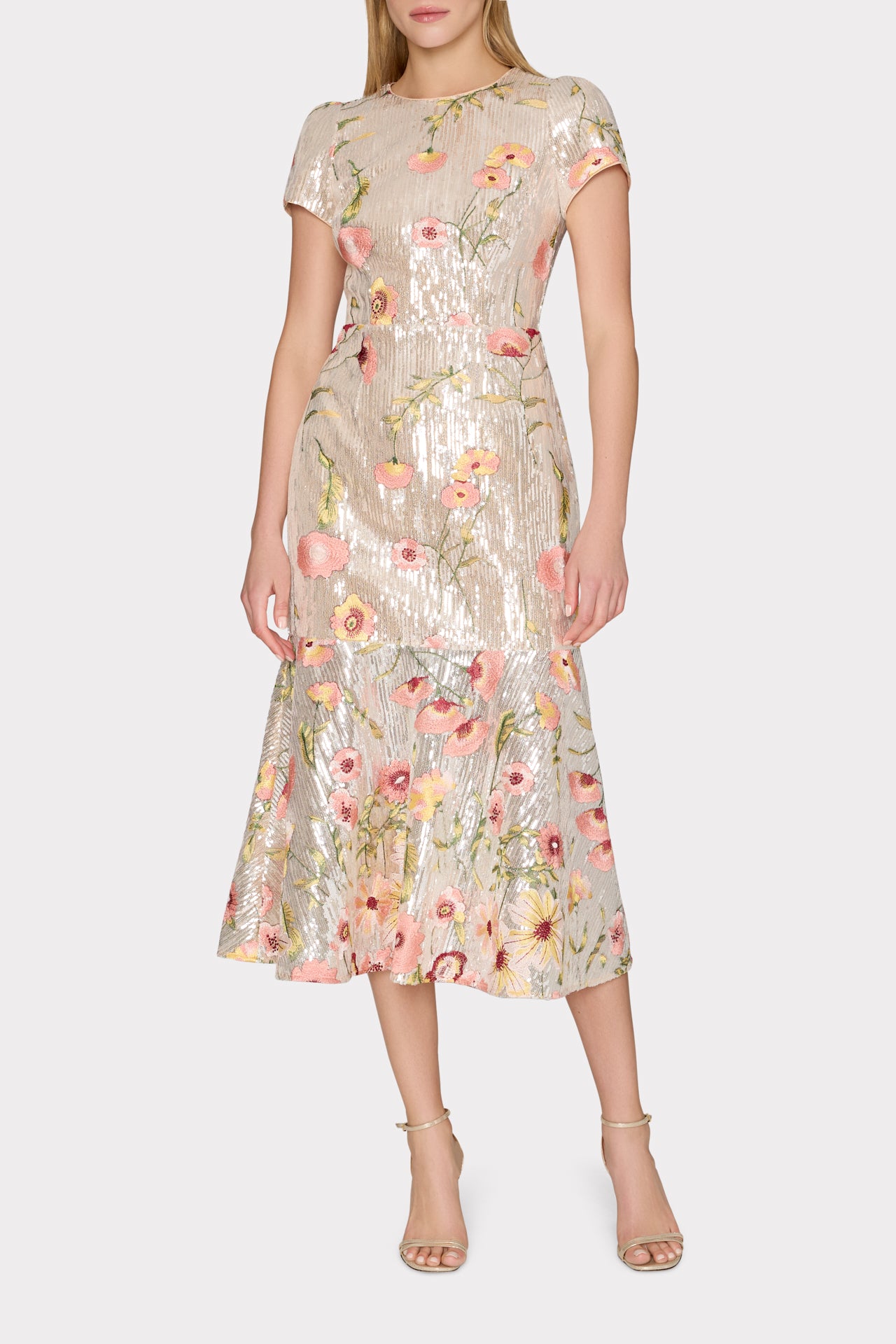 Tahlia Floral Sequins Embroidery Cap Sleeve Midi Dress in Silver | MILLY Tahlia Floral Sequins Embroidery Cap Sleeve Midi Dress in Silver | MILLY