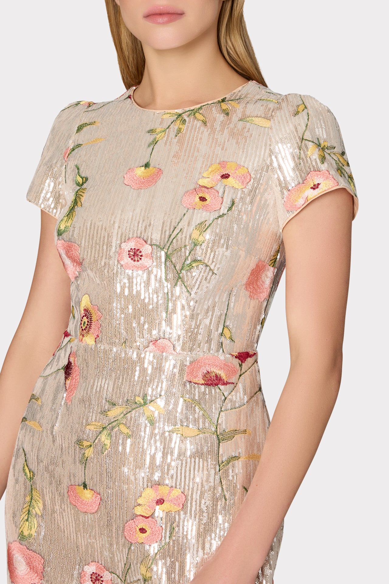Tahlia Floral Sequins Embroidery Cap Sleeve Midi Dress in Silver