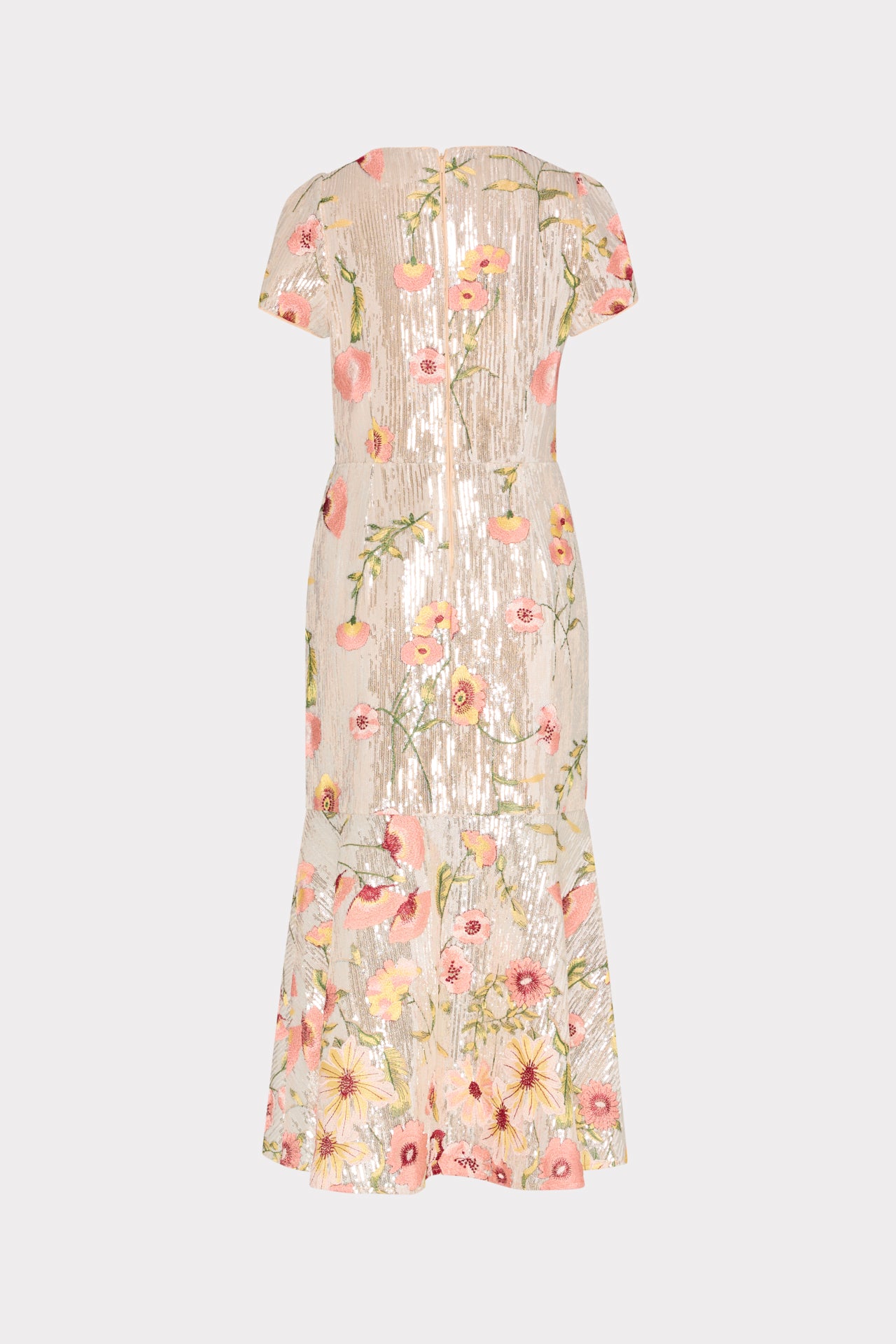 Tahlia Floral Sequins Embroidery Cap Sleeve Midi Dress in Silver