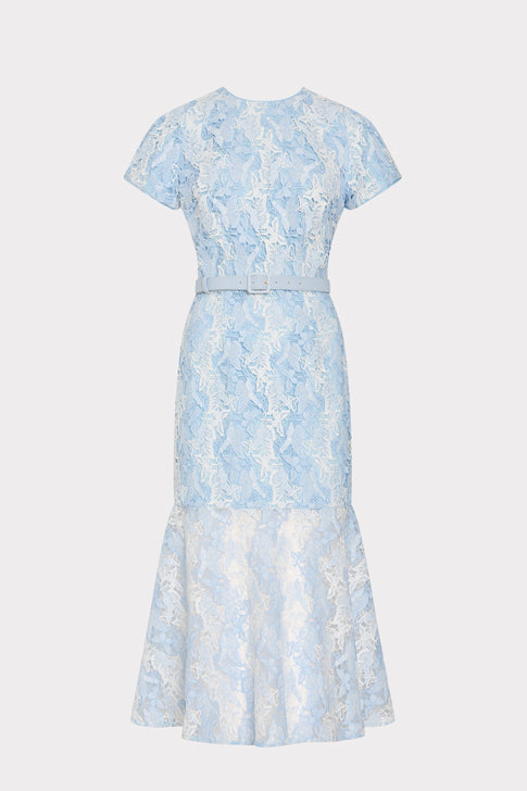 White Blue Butterfly Lace Midi Dress - Front Flat View, Elegant Wedding Guest Dress | MILLY
