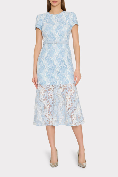 White Blue Butterfly Lace Midi Dress - On Model Front View, Designer Lace Wedding Guest Dress | MILLY