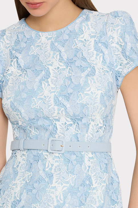 White Blue Butterfly Lace Midi Dress - Close-Up Bodice & Belt Detail, Elegant Lace Overlay | MILLY